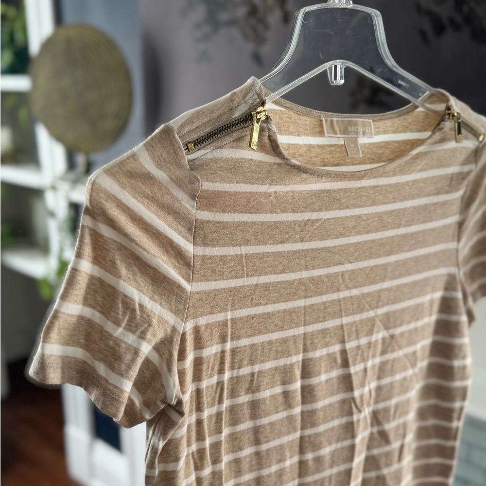 Michael Kors Tan Striped Short Sleeve Top